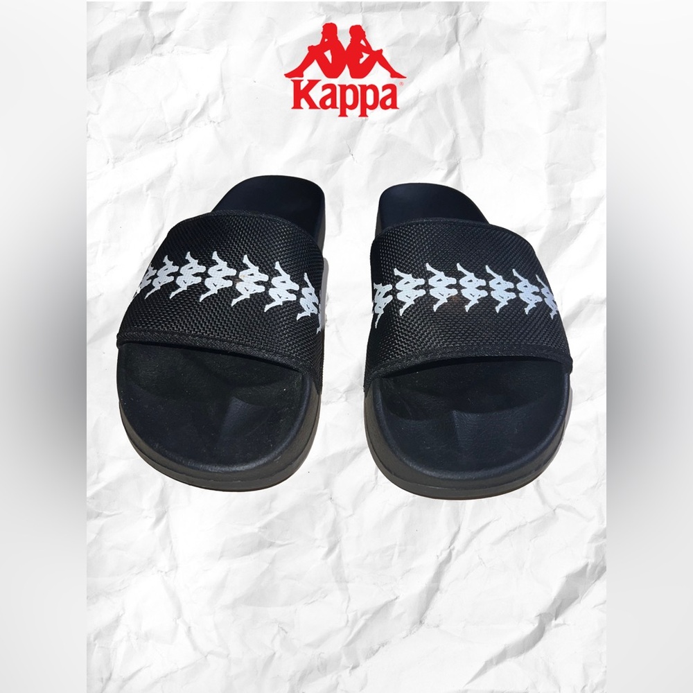 Kappa Black Slides with White Omini Pattern on Band